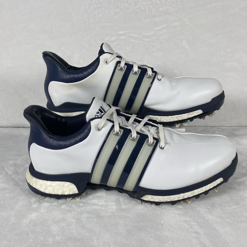 Adidas Tour360 Boost Golf Shoes Mens 8.5 White Navy Leather Spiked Performance